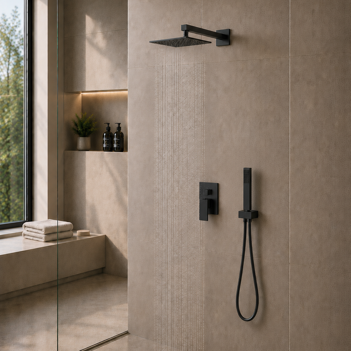 Set de Ducha Cuadrada, Monomando y Ducha de Mano en Acero Inoxidable - Acabado Negro Mate