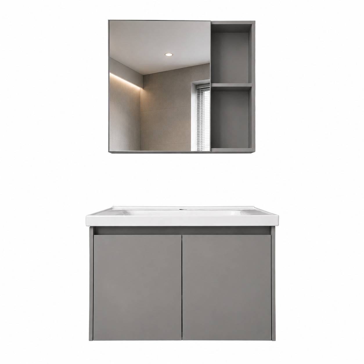 Mueble de lavamanos con gabinete aéreo con espejo gris