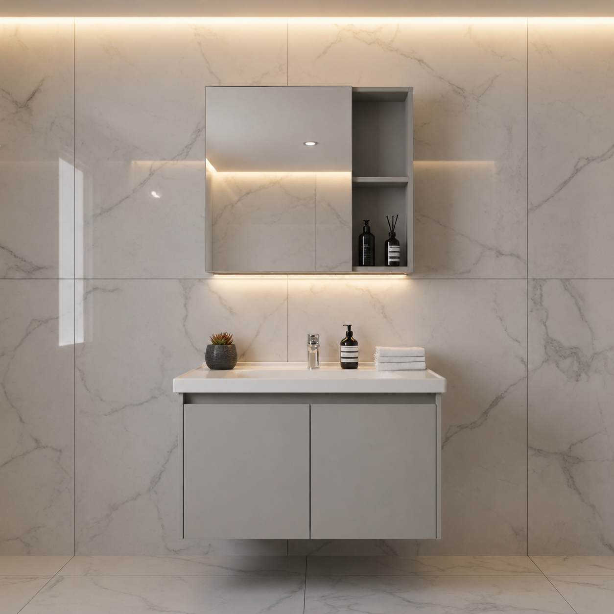 Mueble de lavamanos con gabinete aéreo con espejo gris
