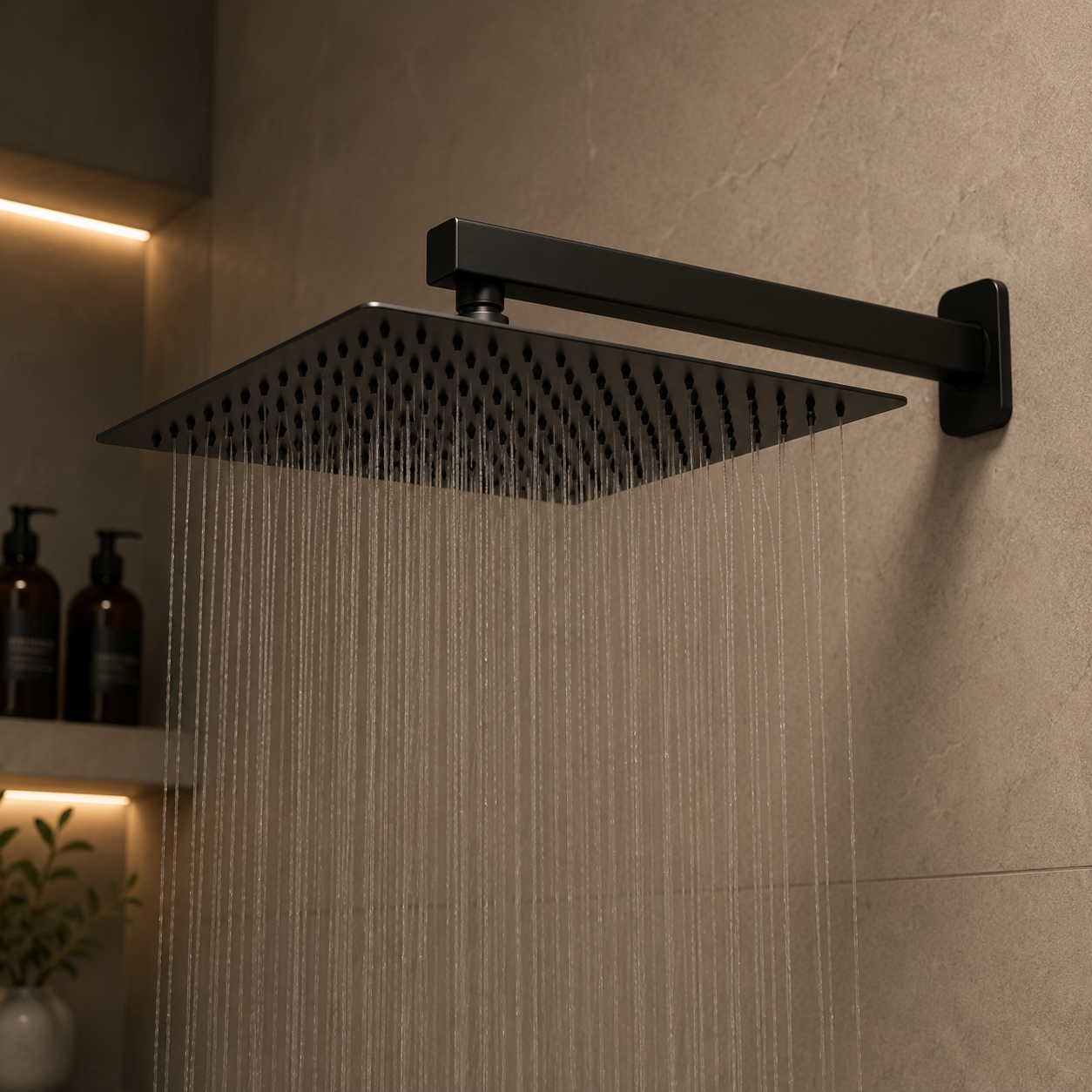 Regadera de ducha cuadrada 16" ultradelgada en acero inoxidable negro con tubo de 50 cm