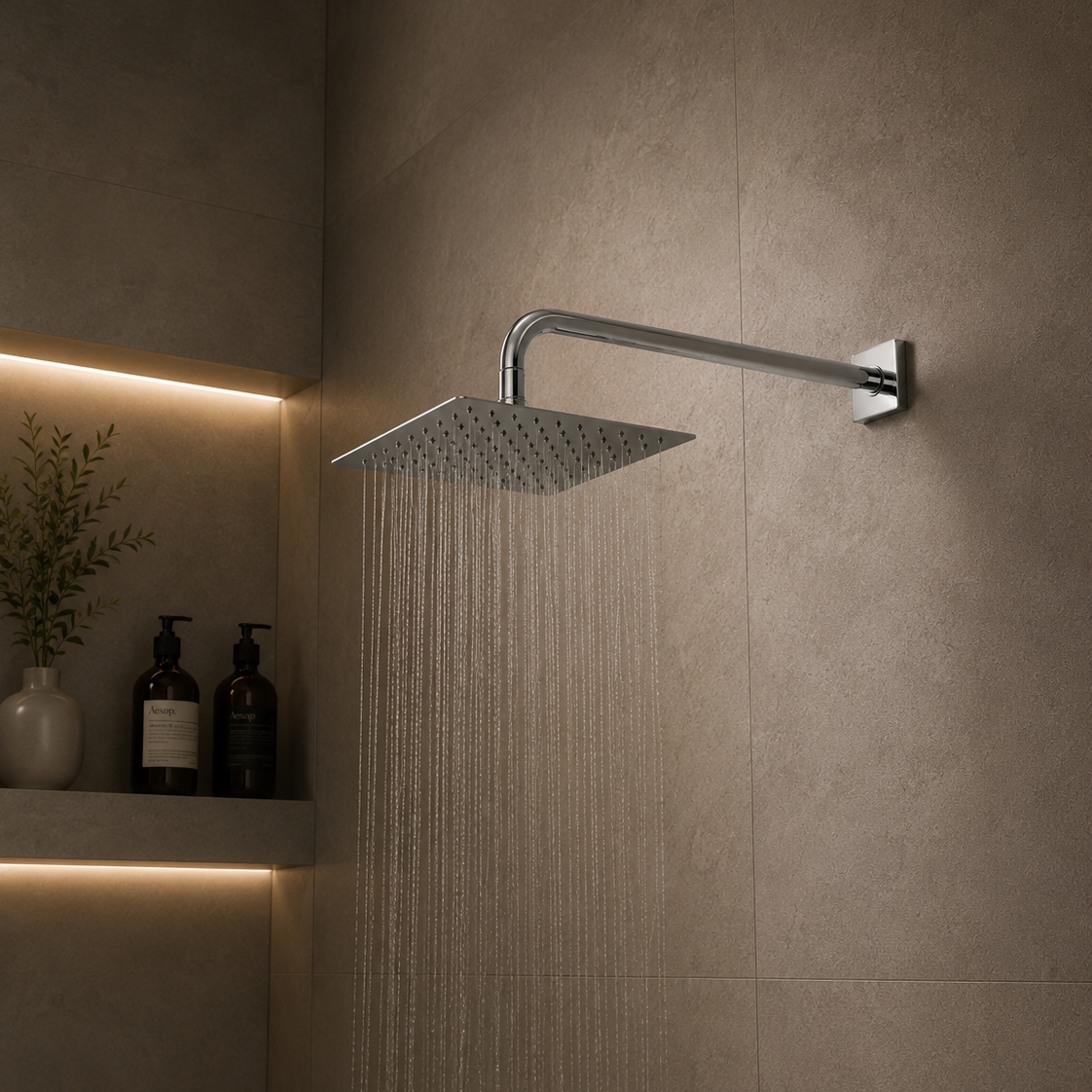 Regadera de ducha cuadrada 8″ ultradelga­da en acero inoxidable cromado con tubo de 50 cm