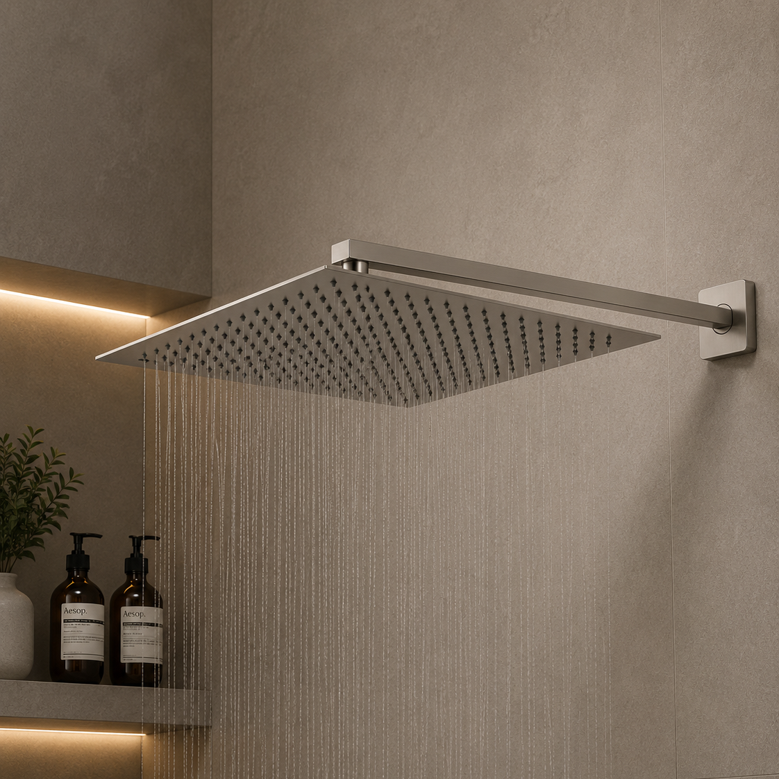 Regadera de ducha cuadrada 16" ultradelgada en acero inoxidable satinado con tubo de 50 cm