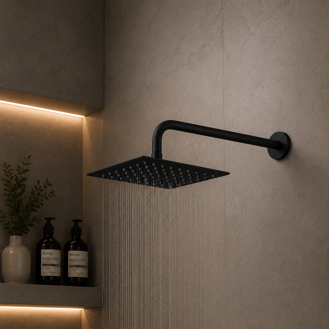 Regadera de ducha cuadrada 8″ ultradelga­da en acero inoxidable negro con tubo de 50 cm
