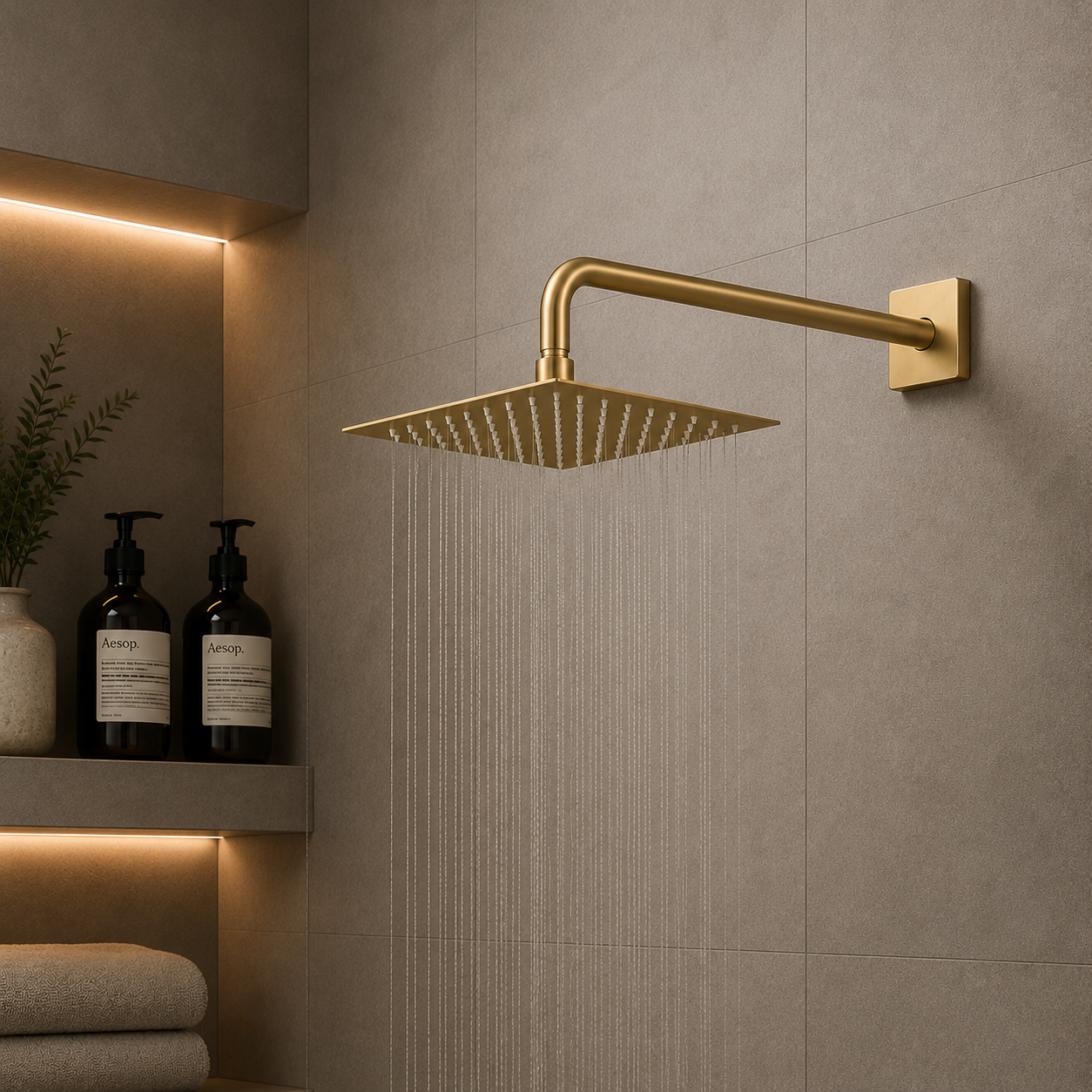 Regadera de ducha cuadrada 8″ ultradelga­da en acero inoxidable dorado con tubo de 30 cm