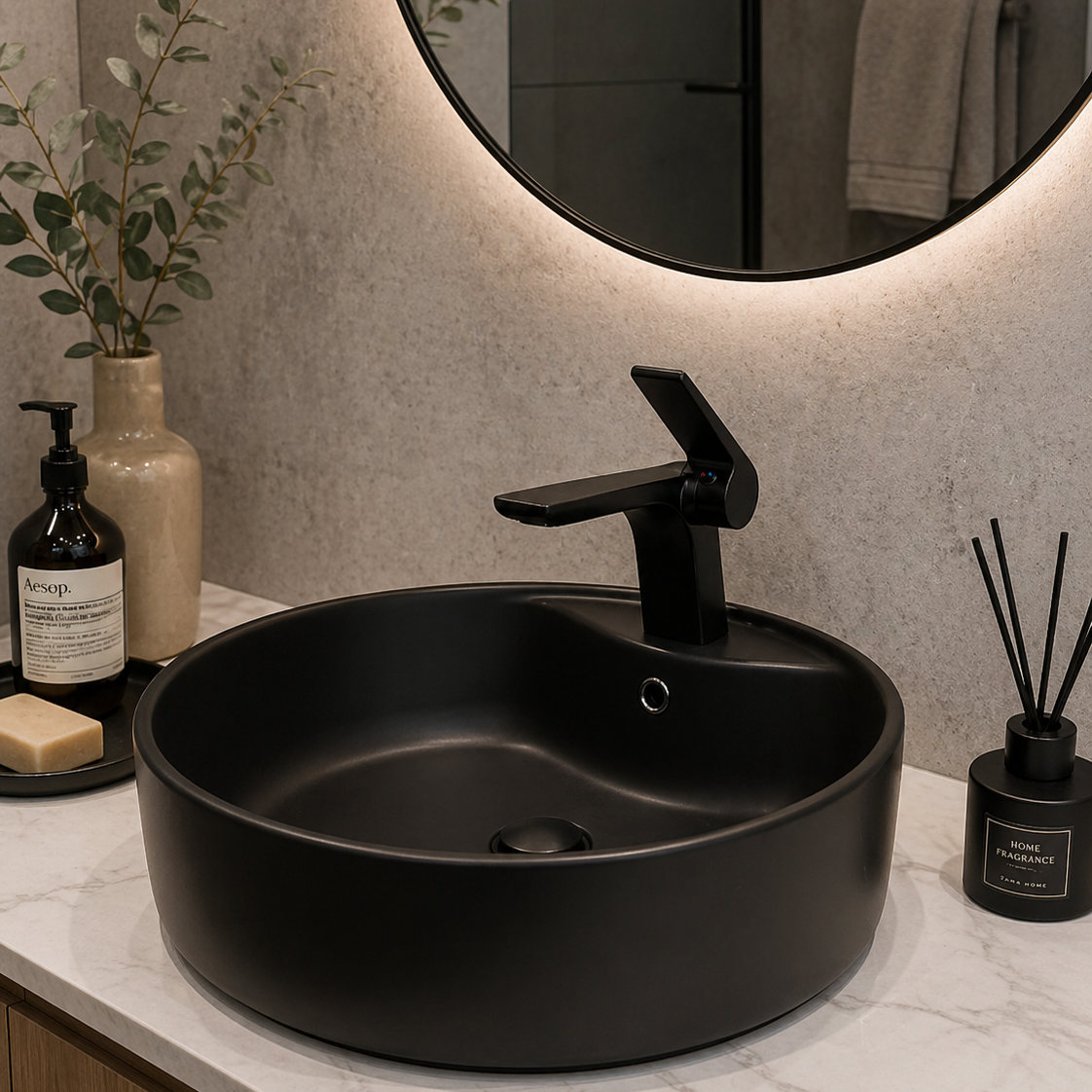 Grifo monomando bajo para lavamanos Minimalista en acero inoxidable negro - Doble temperatura