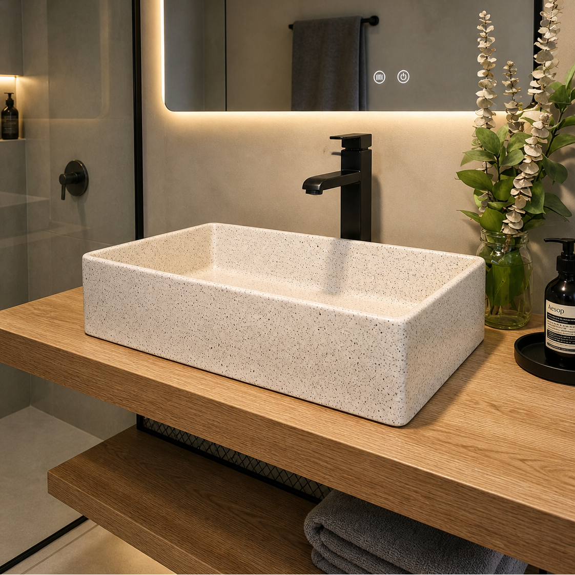 Lavamanos tipo Bowl Cerámico Rectangular Blanco efecto Granito – 51 × 37.5 × 11.5 cm