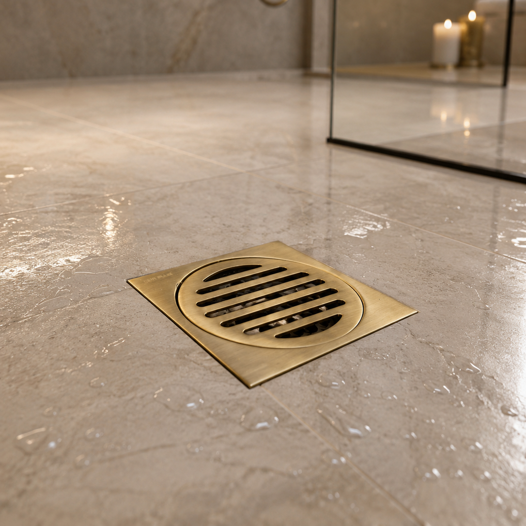 Desagüe para piso cuadrado 4" x 4" con antiolores en acero inoxidable dorado