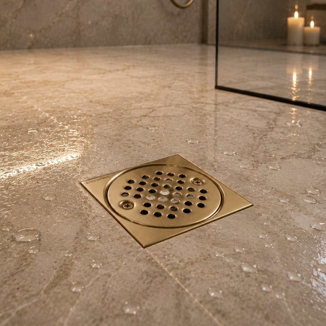 Desagüe para piso cuadrado 4" x 4" sencillo en acero inoxidable dorado
