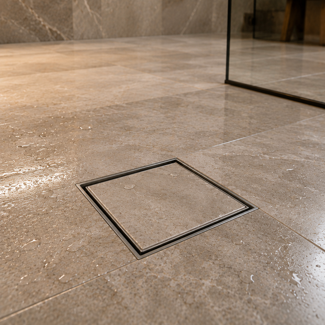 Desagüe para piso cuadrado 13.5 x 13.5 cm para inserción de baldosa en acero inoxidable satinado