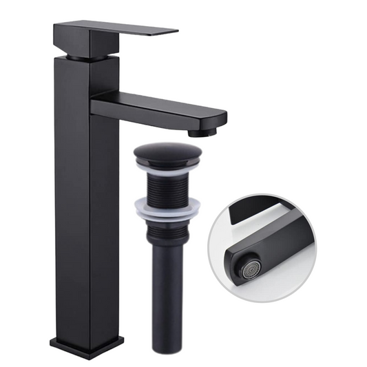 Combo de Grifo Monomando para Lavamanos Boxer Alto de 30CM - Acabado Negro Mate + Desague Push Negro