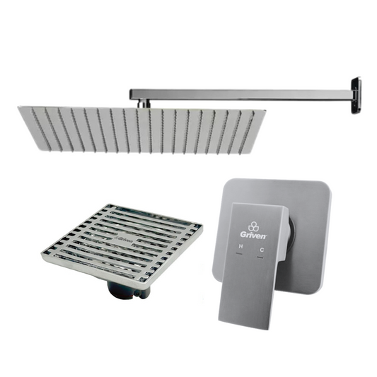 Combo Regadera para Ducha Cuadrada de 12" Ultra Delgada en Acero Inoxidable con acabado Satinado