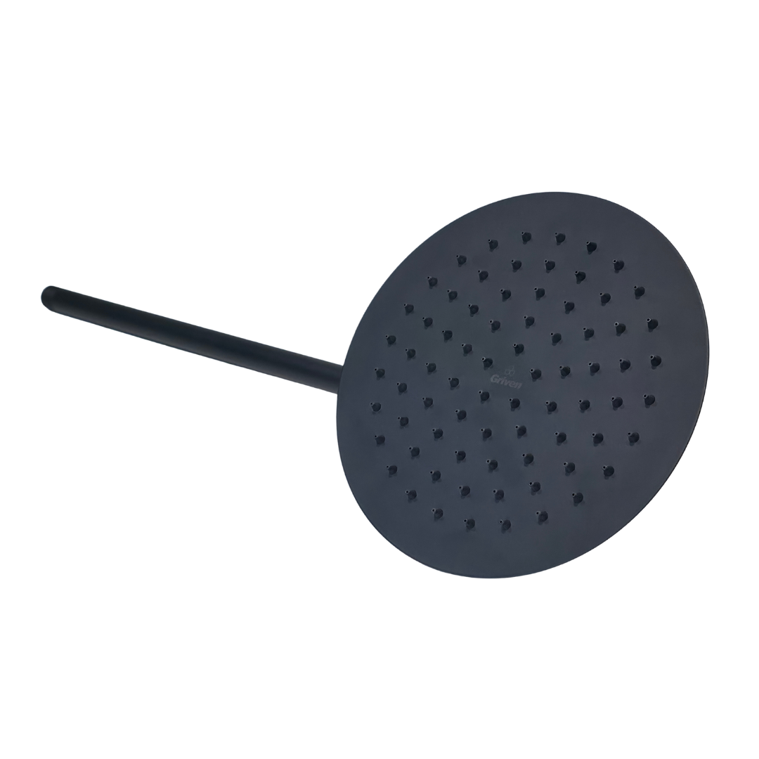 Regadera de ducha redonda 8″ ultradelga­da en acero inoxidable negro con tubo de 50 cm