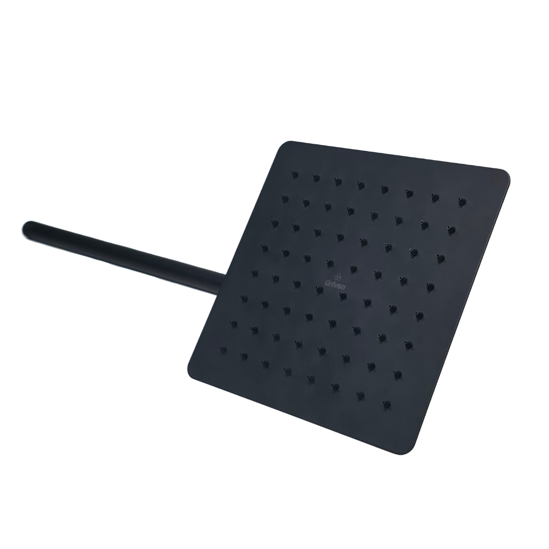 Regadera de ducha cuadrada 8″ ultradelga­da en acero inoxidable negro con tubo de 50 cm