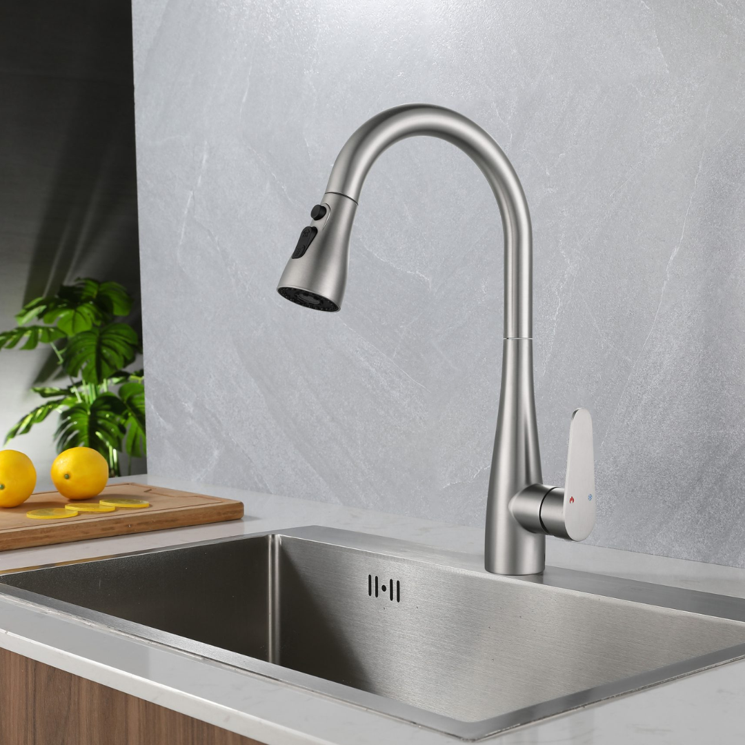 Grifo monomando para fregadero Toledo con cuello extensible en acero inoxidable satinado - Doble temperatura