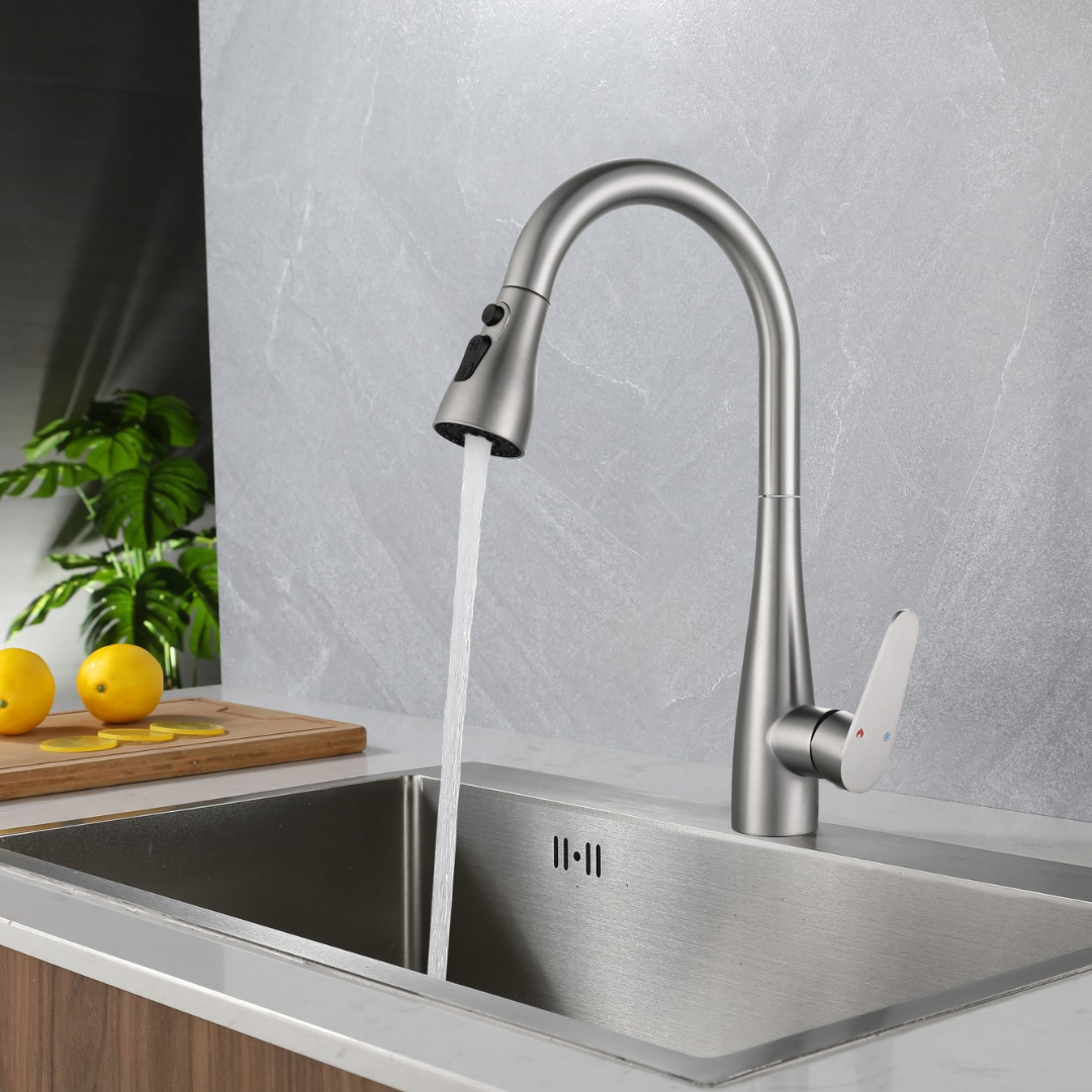 Grifo monomando para fregadero Toledo con cuello extensible en acero inoxidable satinado - Doble temperatura