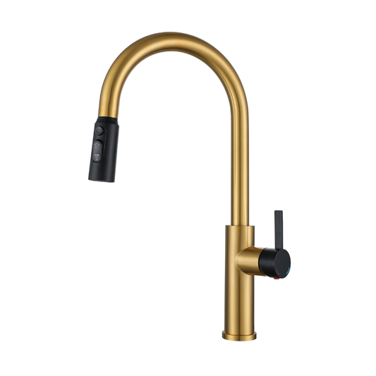 Grifo Monomando de Cocina para Fregadero Girona-G con Cuello Extensible en Acero Inoxidable Dorado con Negro (Doble Temperatura)