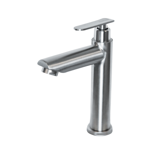 Grifo individual bajo para lavamanos Amatista en acero inoxidable satinado - Una temperatura