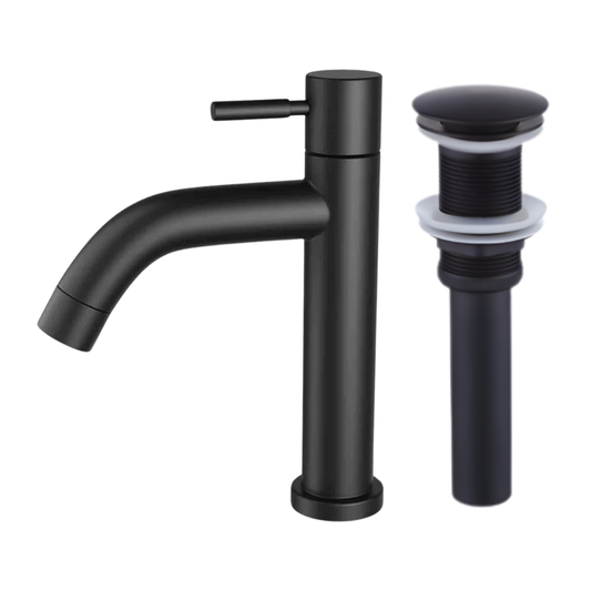 Combo de grifo individual bajo para lavamanos Selenita en acero inoxidable negro + Desagüe push