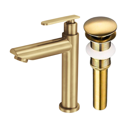 Combo de grifo individual bajo para lavamanos Amatista en acero inoxidable dorado + Desagüe push