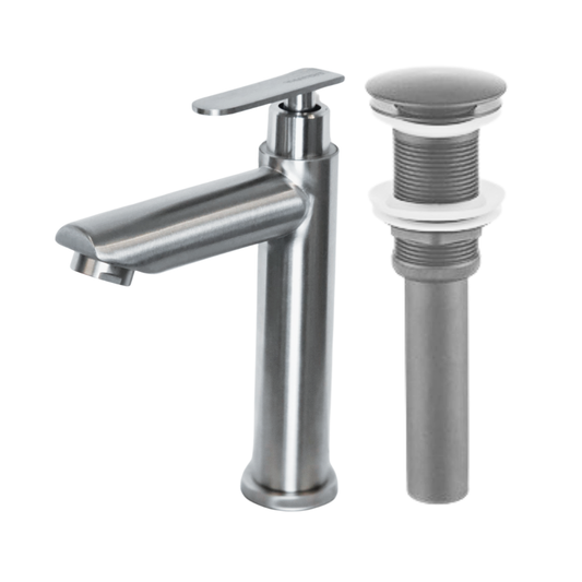 Combo de grifo individual bajo para lavamanos Amatista en acero inoxidable satinado + Desagüe push