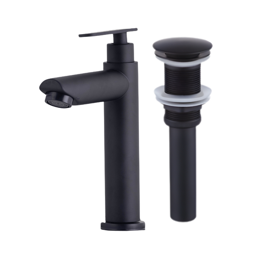 Combo de grifo individual bajo para lavamanos Amatista en acero inoxidable negro + Desagüe push