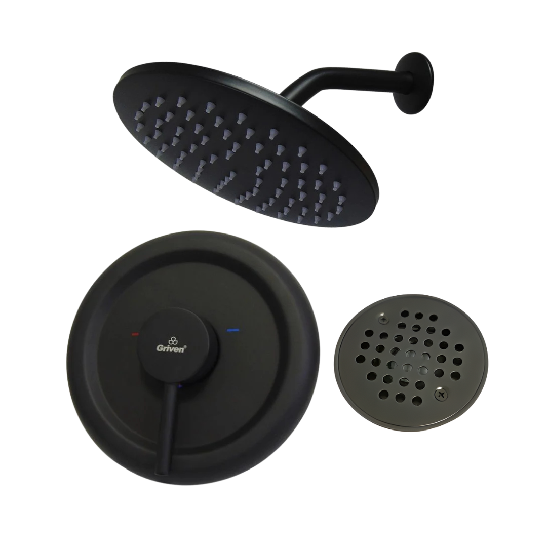 Combo de ducha redonda de 8" con monomando en acero inoxidable negro + Desagüe 4" x 4"