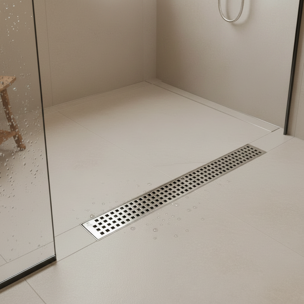 Desagüe para piso lineal 61 cm x 7.5 cm perforado en cuadros en acero inoxidable satinado