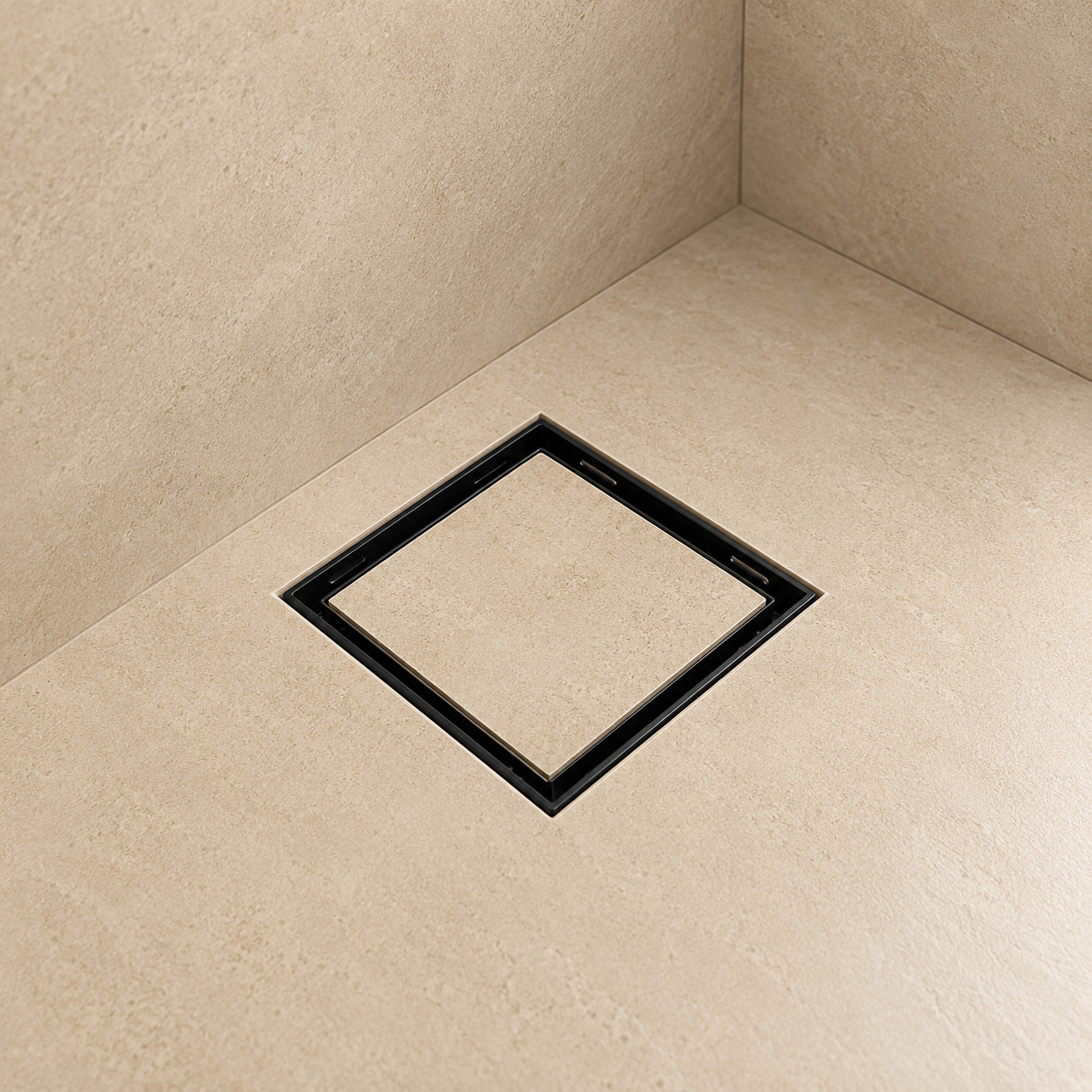 Desagüe para piso cuadrado 10 x 10 cm con doble función para inserción de baldosa en acero inoxidable negro