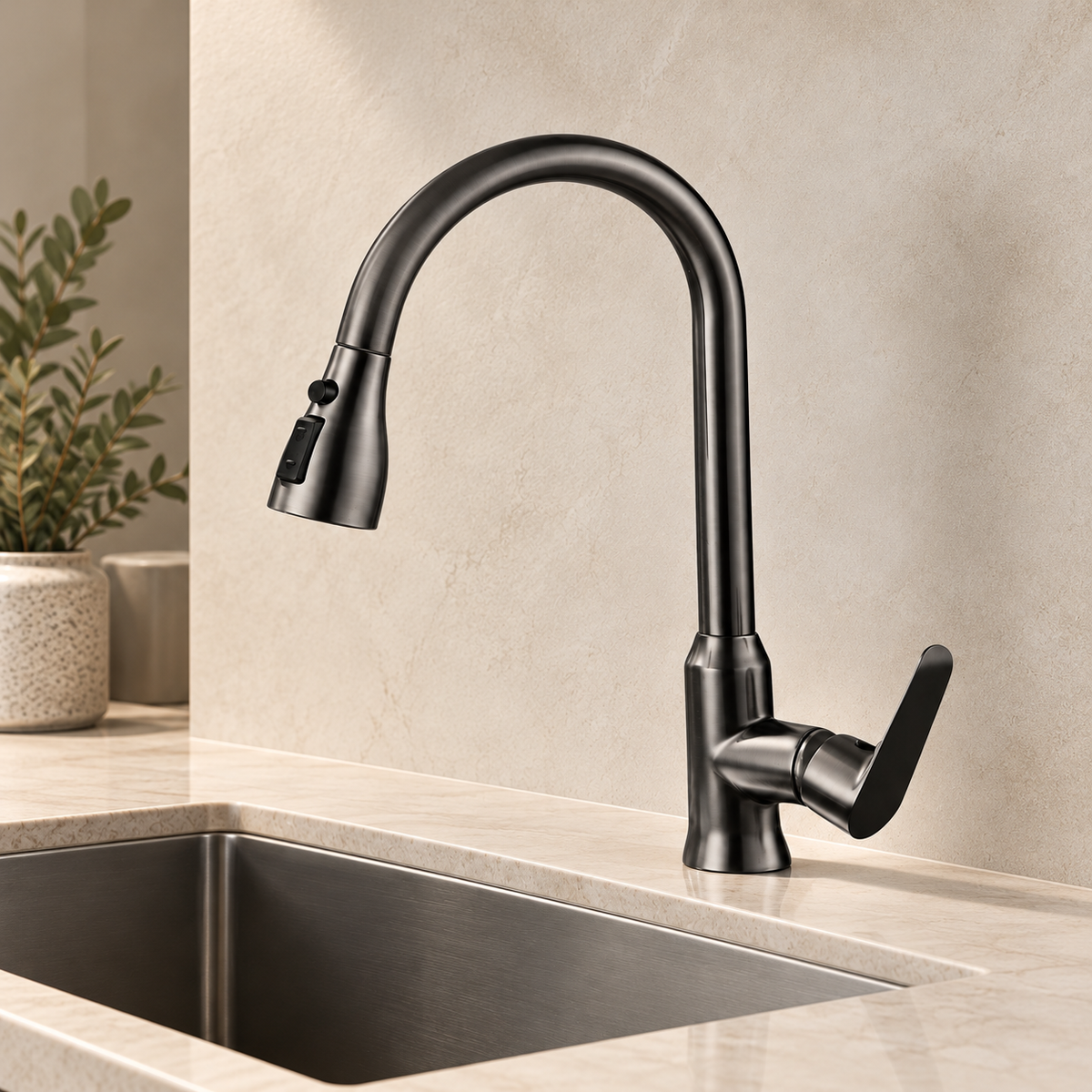 Grifo monomando para fregadero Siena con cuello extensible en acero inoxidable gunmetal, doble temperatura