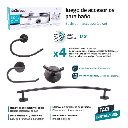 Set de Accesorios para Baño (4 Piezas) - Acero Inoxidable / Acabado Gun Metal (plomo)