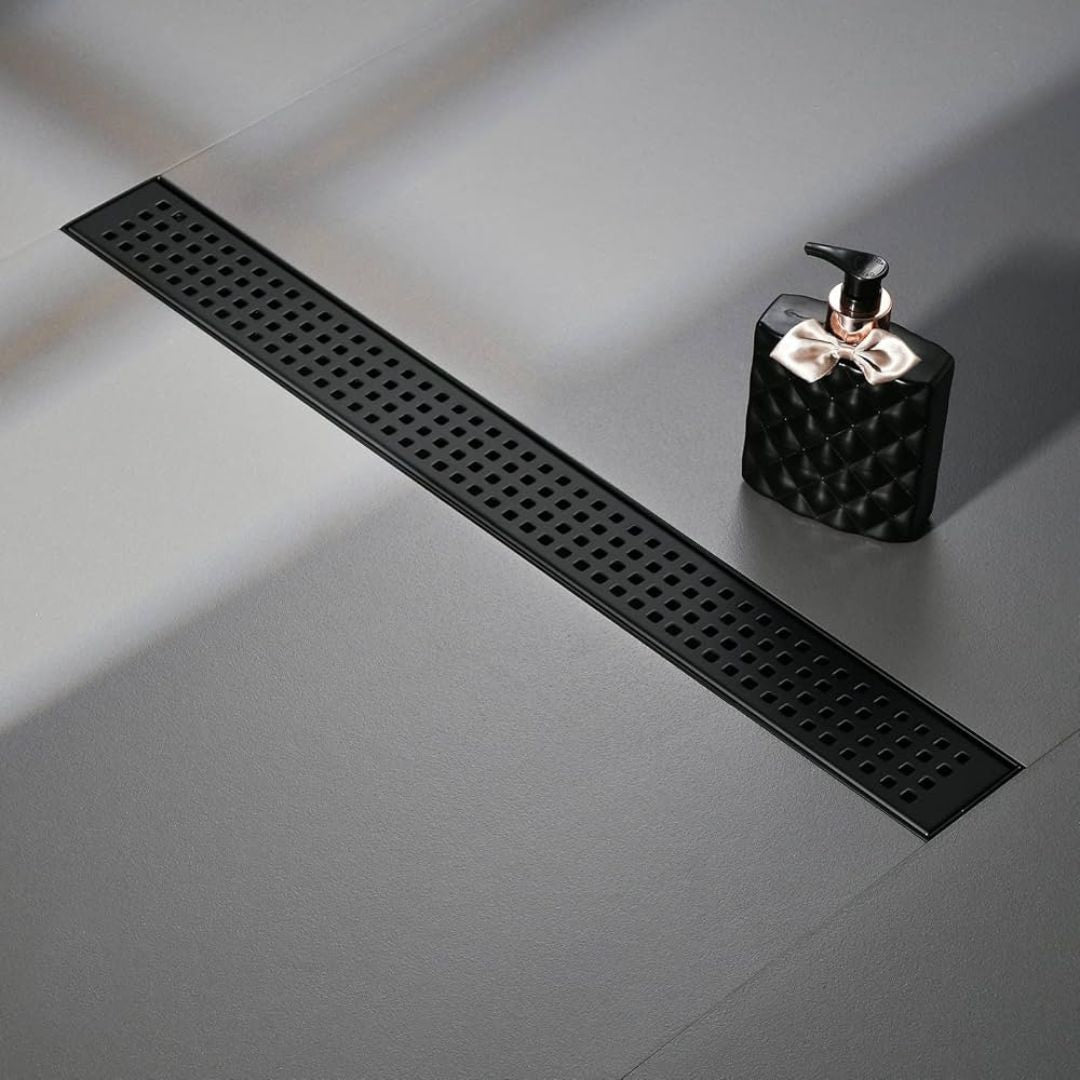 Desagüe de Baño Rectangular Perforada en Cuadros 60x8CM en Acero Inoxidable acabado Negro Mate