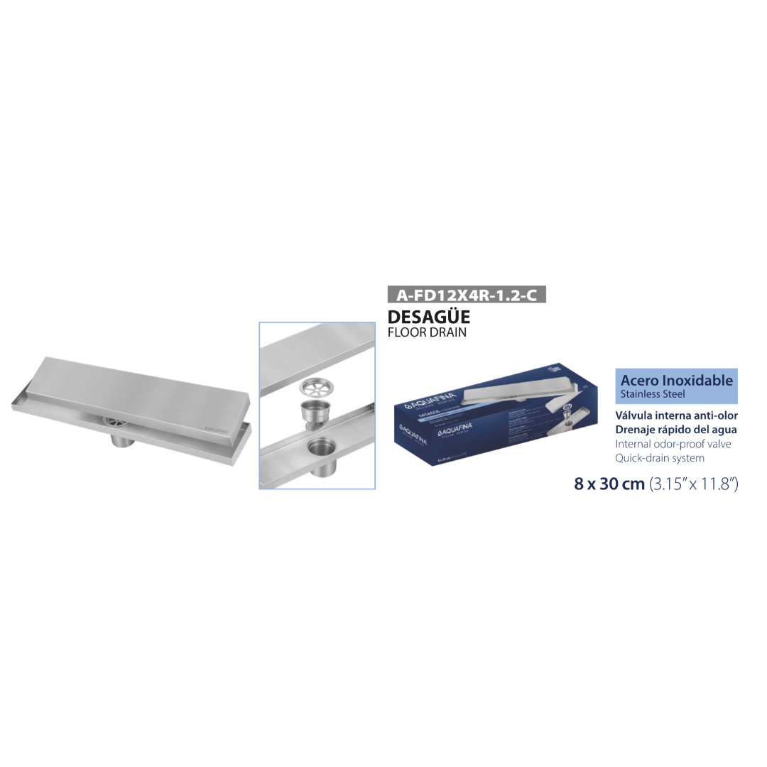 Desagüe para piso lineal 30 x 8 cm con doble función para inserción de baldosa en acero inoxidable satinado