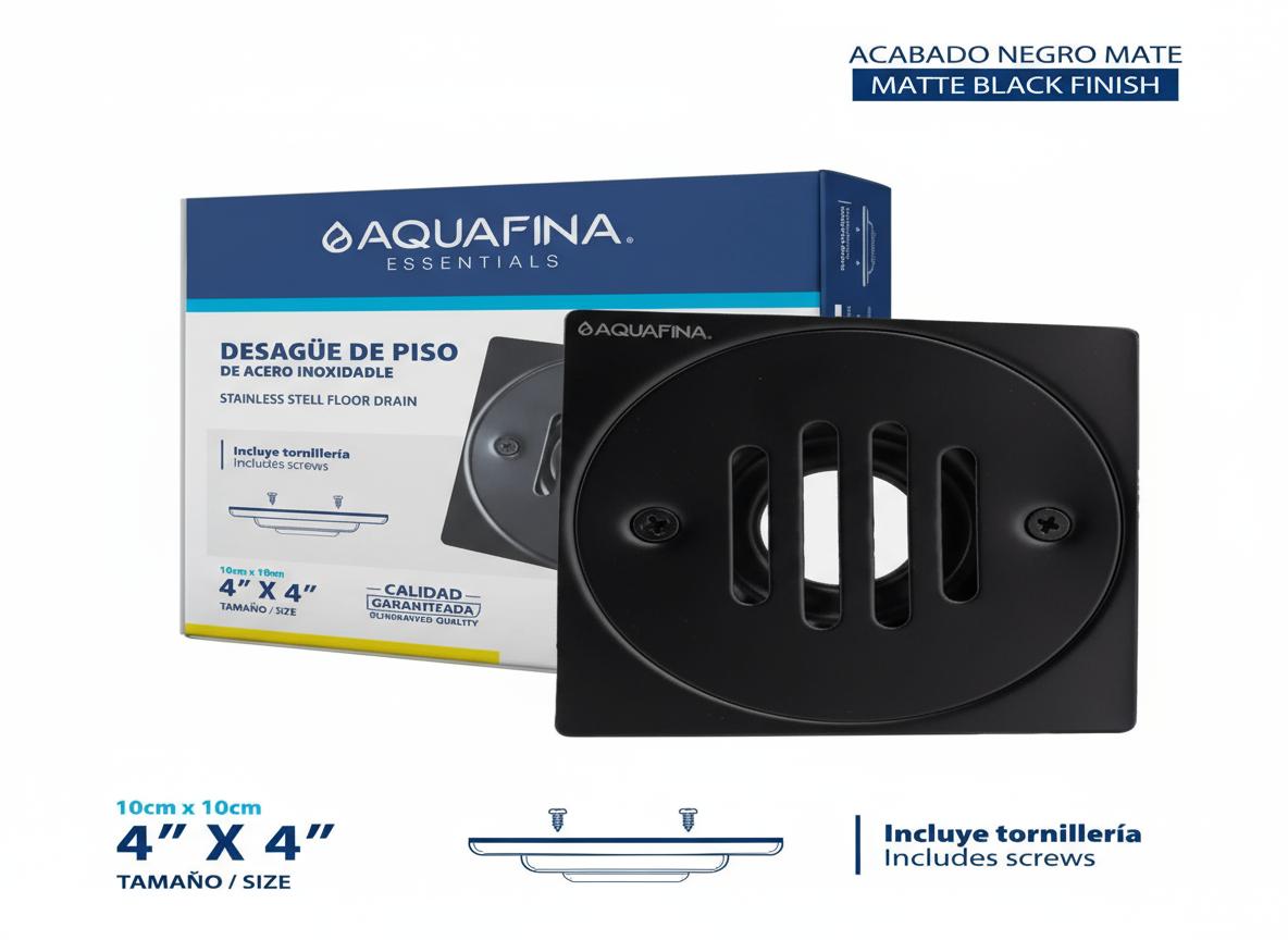 Desagüe de Baño Cuadrada 4"x4" en Acero Inoxidable - Diseño Redondo en Negro Mate