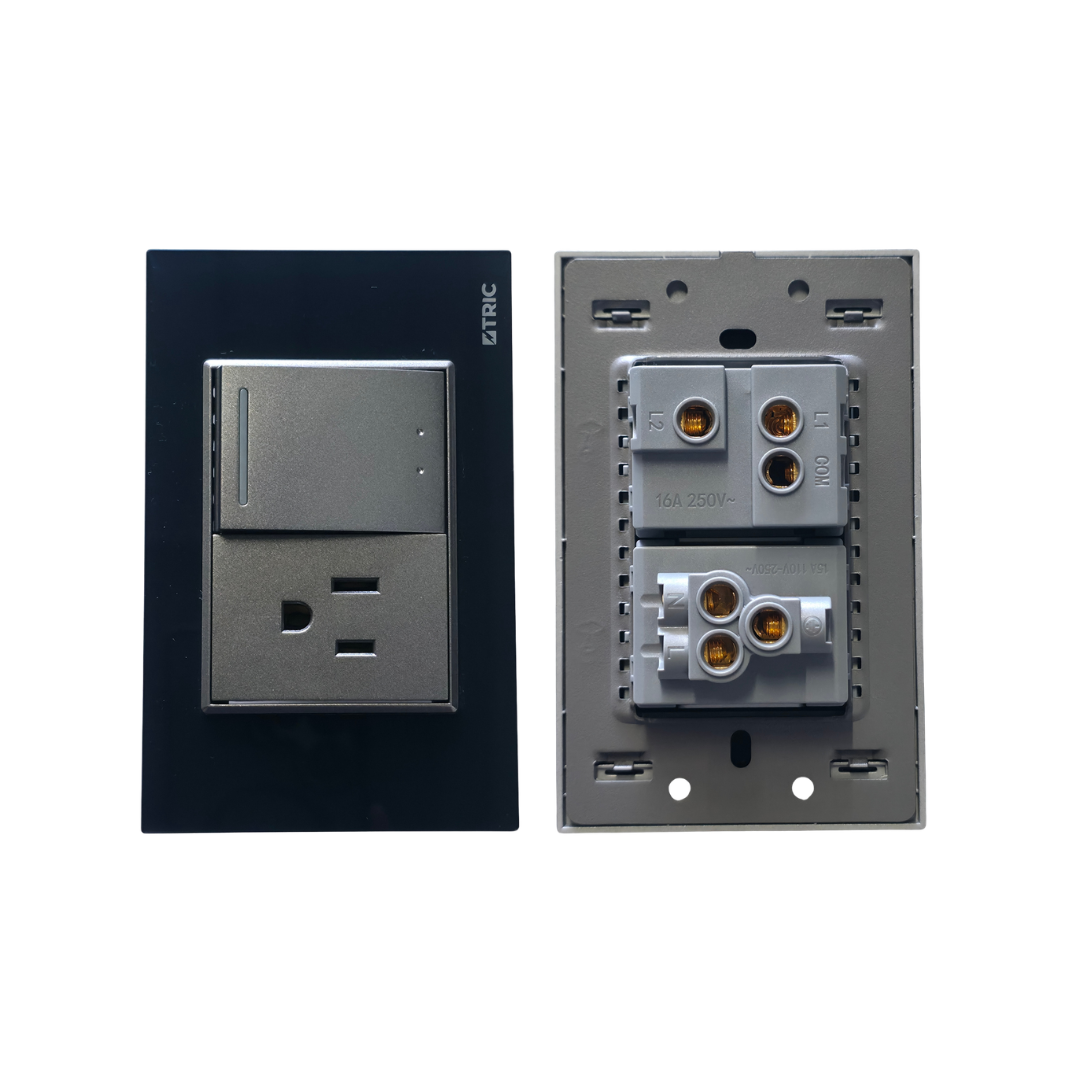 Tomacorriente con interruptor sencillo de 3 vías 110V 10AMP - Negro con plateado
