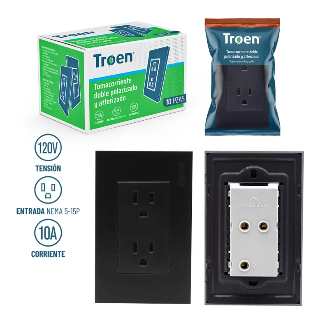 Tomacorriente doble polarizado y aterrizado 110V 15AMP - Negro