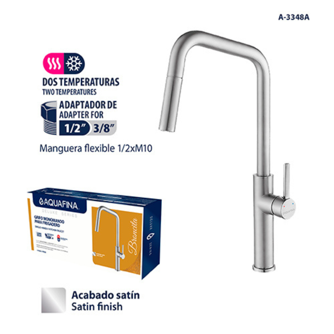 Grifo monomando para fregadero Broncita con cuello extensible en acero inoxidable satinado - Doble temperatura