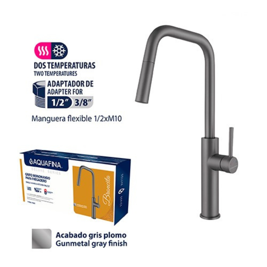 Grifo monomando para fregadero Broncita con cuello extensible en acero inoxidable gunmetal - Doble temperatura