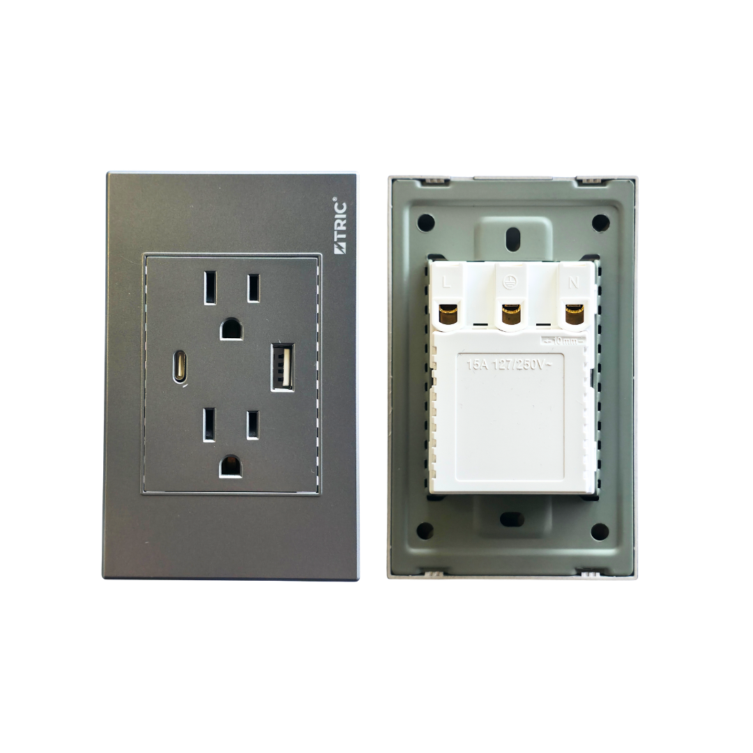 Tomacorriente doble polarizado y aterrizado con puertos USB 127V 15AMP - Gris
