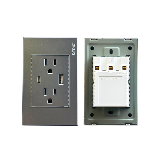 Tomacorriente doble polarizado y aterrizado con puertos USB 127V 15AMP - Gris