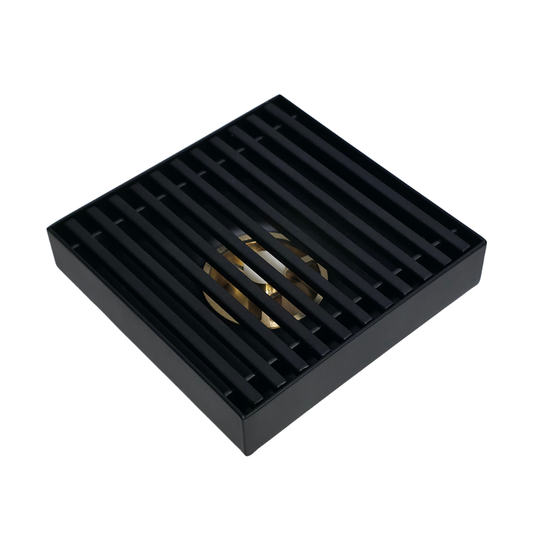 Desagüe para piso cuadrado 4" x 4" tipo rejilla en acero inoxidable negro