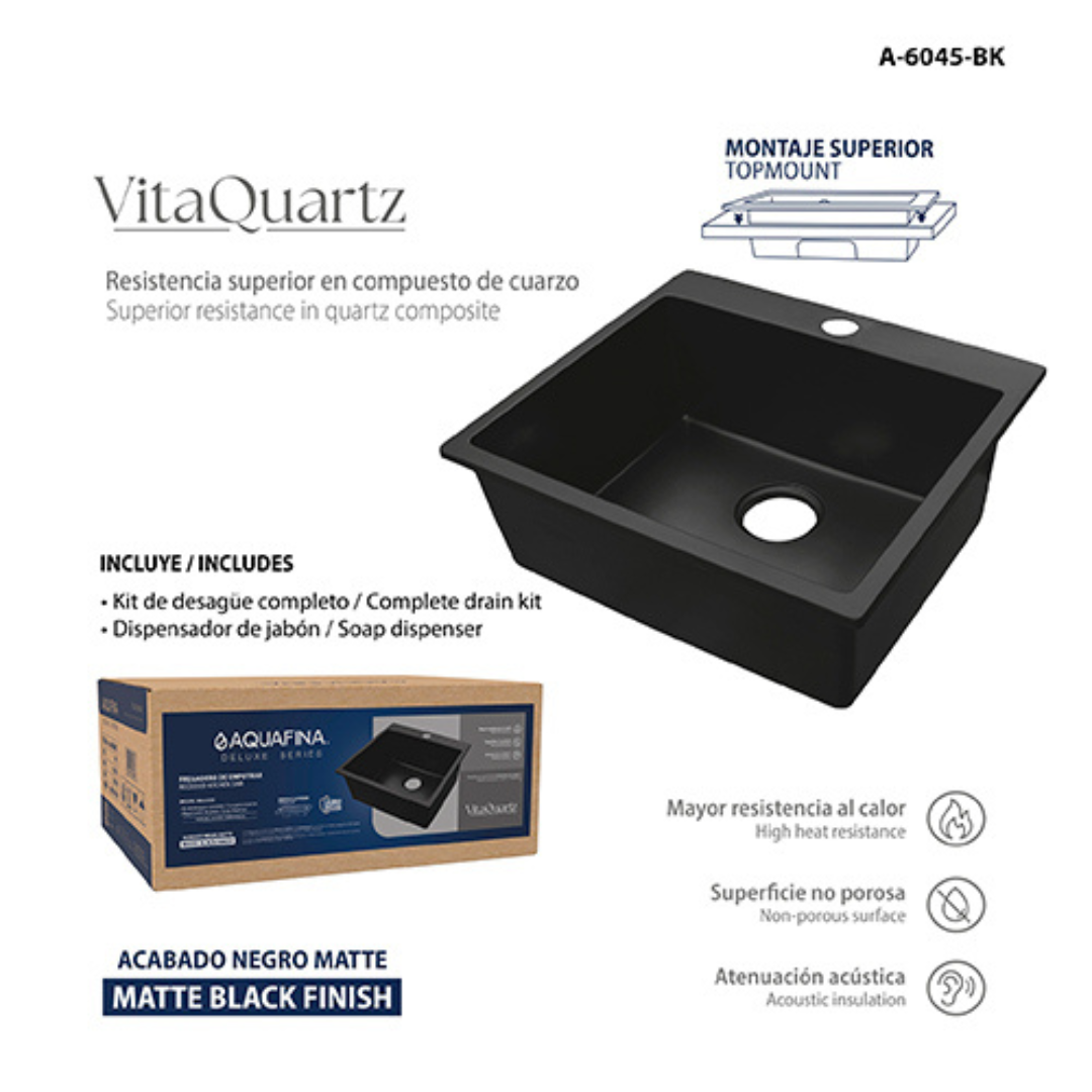 Fregadero VitaQuartz en compuesto de cuarzo negro mate – 60 × 45 cm