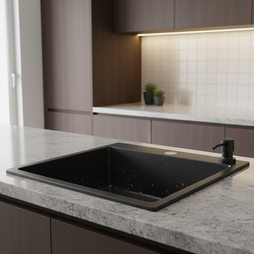 Fregadero VitaQuartz en compuesto de cuarzo negro mate – 60 × 45 cm