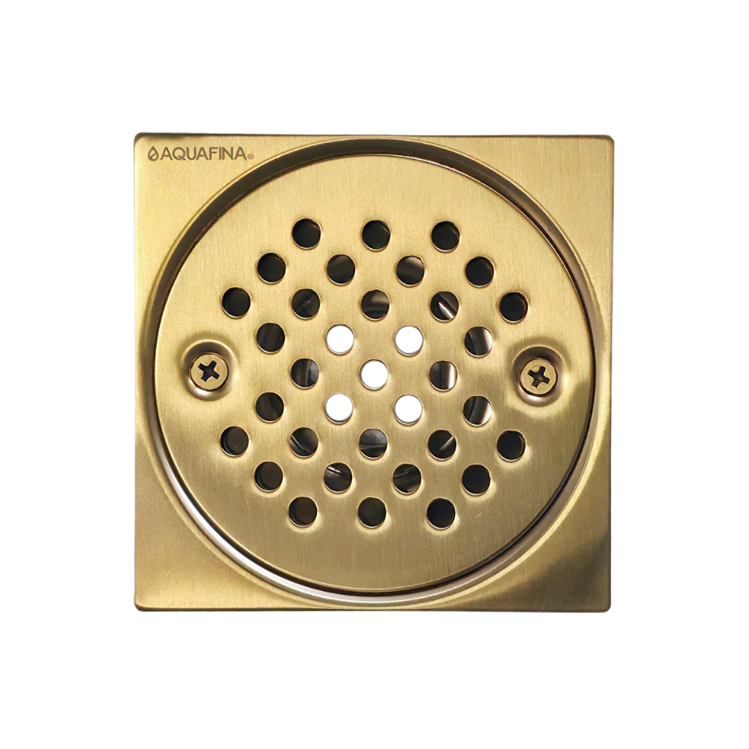 Desagüe para piso cuadrado 4" x 4" sencillo en acero inoxidable dorado