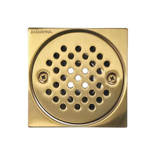 Desagüe para piso cuadrado 4" x 4" sencillo en acero inoxidable dorado