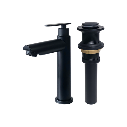 Combo de grifo individual bajo para lavamanos Amatista en acero inoxidable negro + Desagüe push