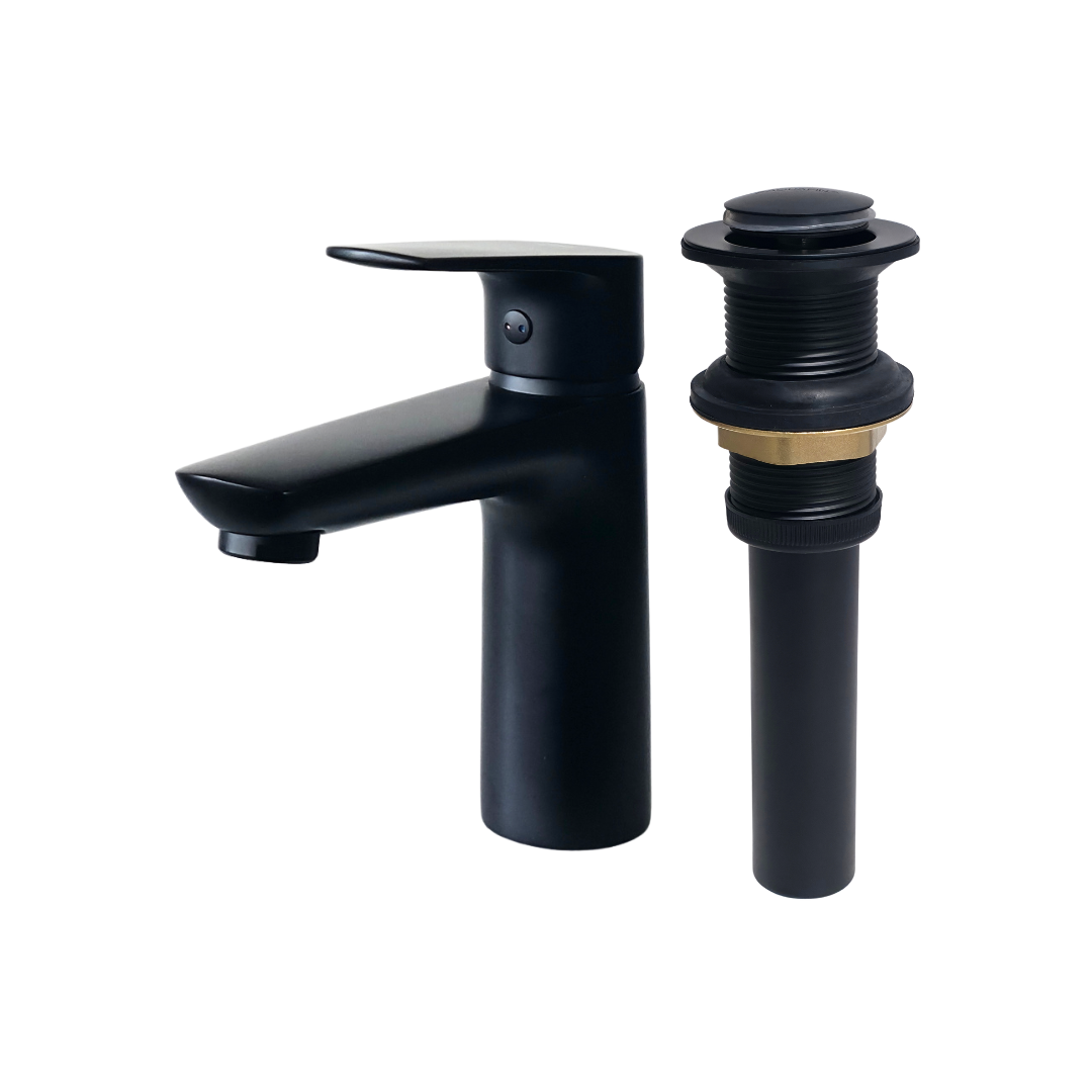 Combo de grifo monomando bajo para lavamanos Black en latón negro + Desagüe push