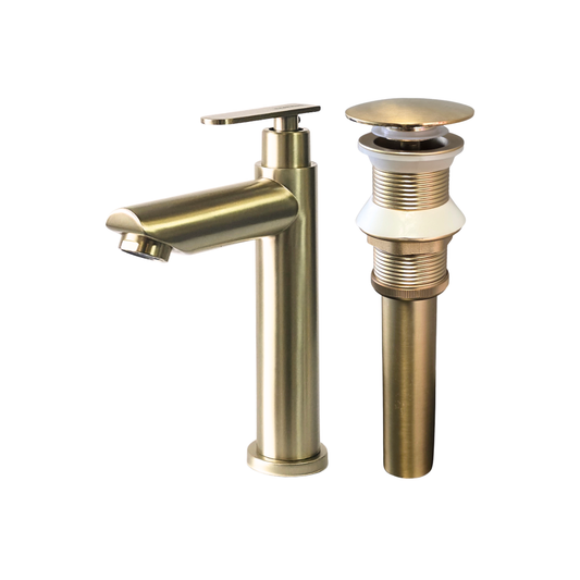 Combo de grifo individual bajo para lavamanos Amatista en acero inoxidable dorado + Desagüe push