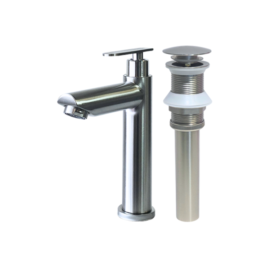 Combo de grifo individual bajo para lavamanos Amatista en acero inoxidable satinado + Desagüe push