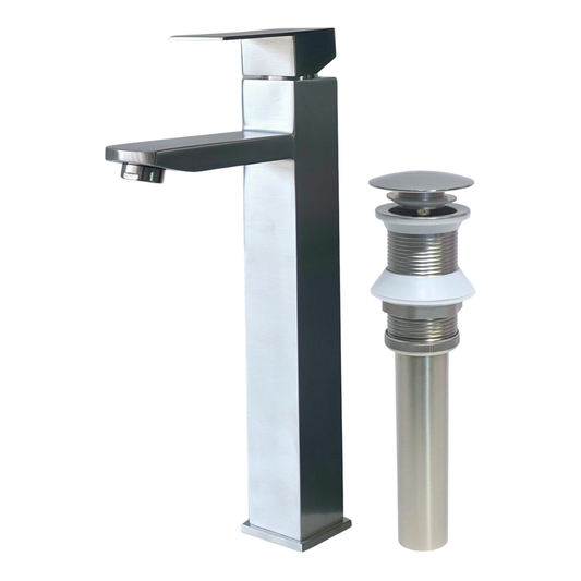 Combo de grifo monomando alto para lavamanos Kennedy en acero inoxidable satinado + Desagüe push