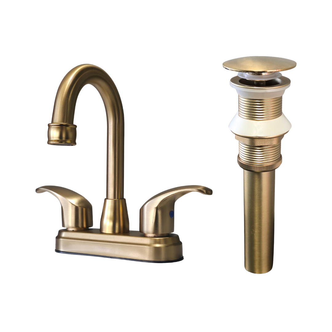 Grifo central para lavamanos cuello tipo Bar en acero inoxidable dorado + Desagüe push